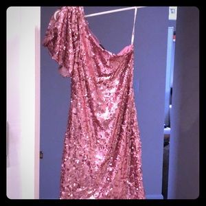 Soft pink off shoulder sequined dress.